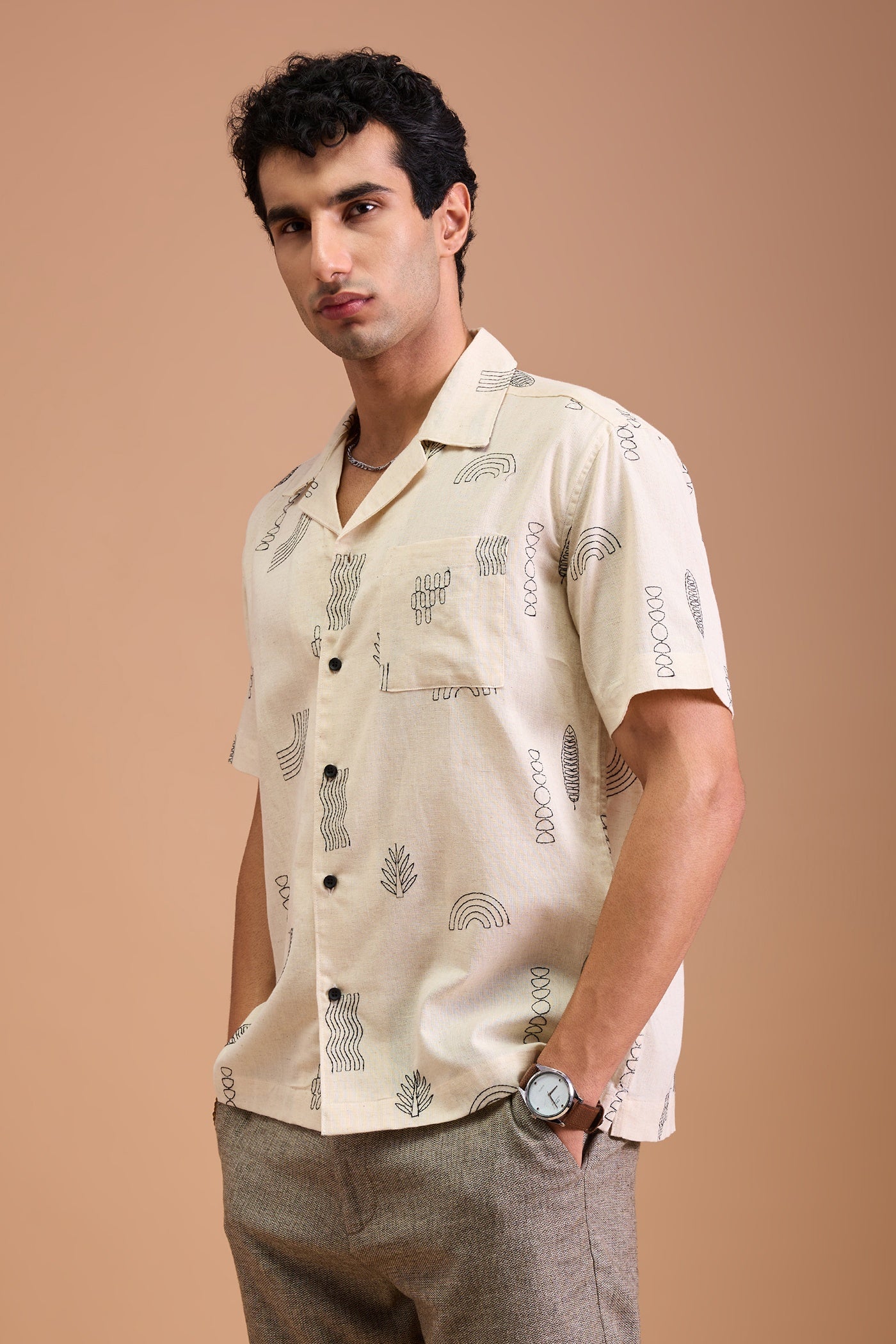 ORIN- MENS ORIN PREMIUM COTTON LINEN BLEND OFF WHITE AQUATIC EMBROIDERY RELAXED FIT CUBAN SHIRT