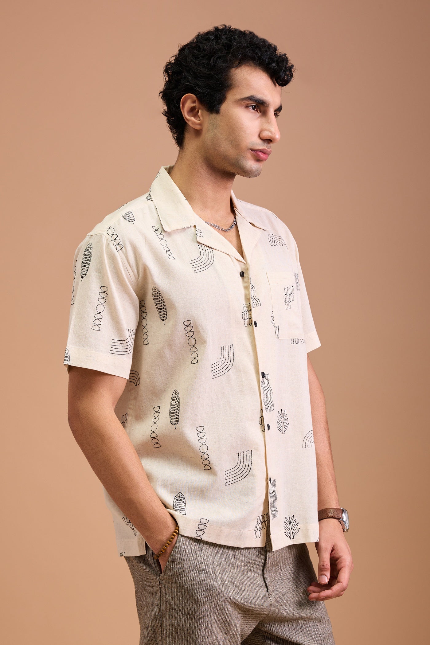 ORIN- MENS ORIN PREMIUM COTTON LINEN BLEND OFF WHITE AQUATIC EMBROIDERY RELAXED FIT CUBAN SHIRT
