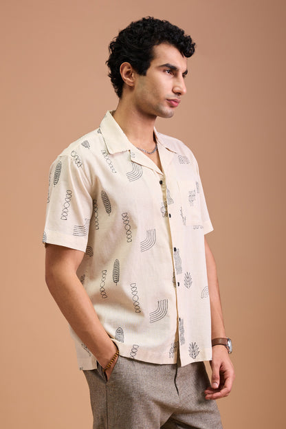 ORIN- MENS ORIN PREMIUM COTTON LINEN BLEND OFF WHITE AQUATIC EMBROIDERY RELAXED FIT CUBAN SHIRT