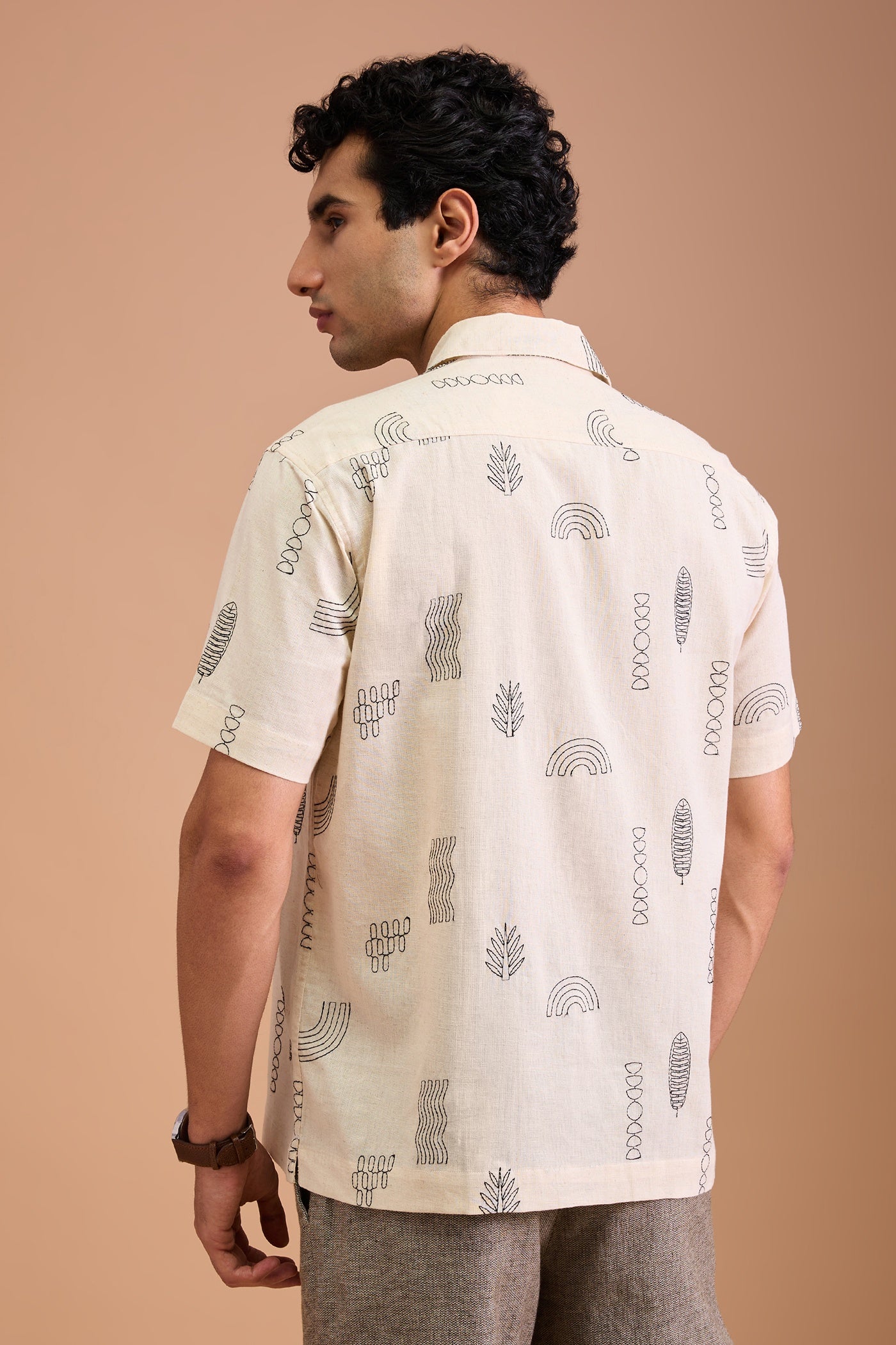 ORIN- MENS ORIN PREMIUM COTTON LINEN BLEND OFF WHITE AQUATIC EMBROIDERY RELAXED FIT CUBAN SHIRT