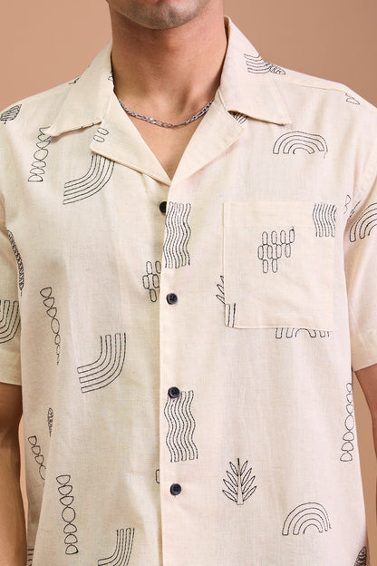 ORIN- MENS ORIN PREMIUM COTTON LINEN BLEND OFF WHITE AQUATIC EMBROIDERY RELAXED FIT CUBAN SHIRT