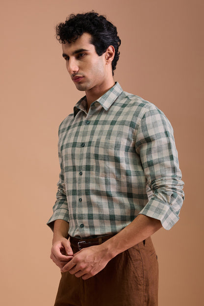 YUKON- MENS PREMIUM COTTON BLEND GREEN CHEVRON DOBBY CHECKED REGULAR FIT SHIRT