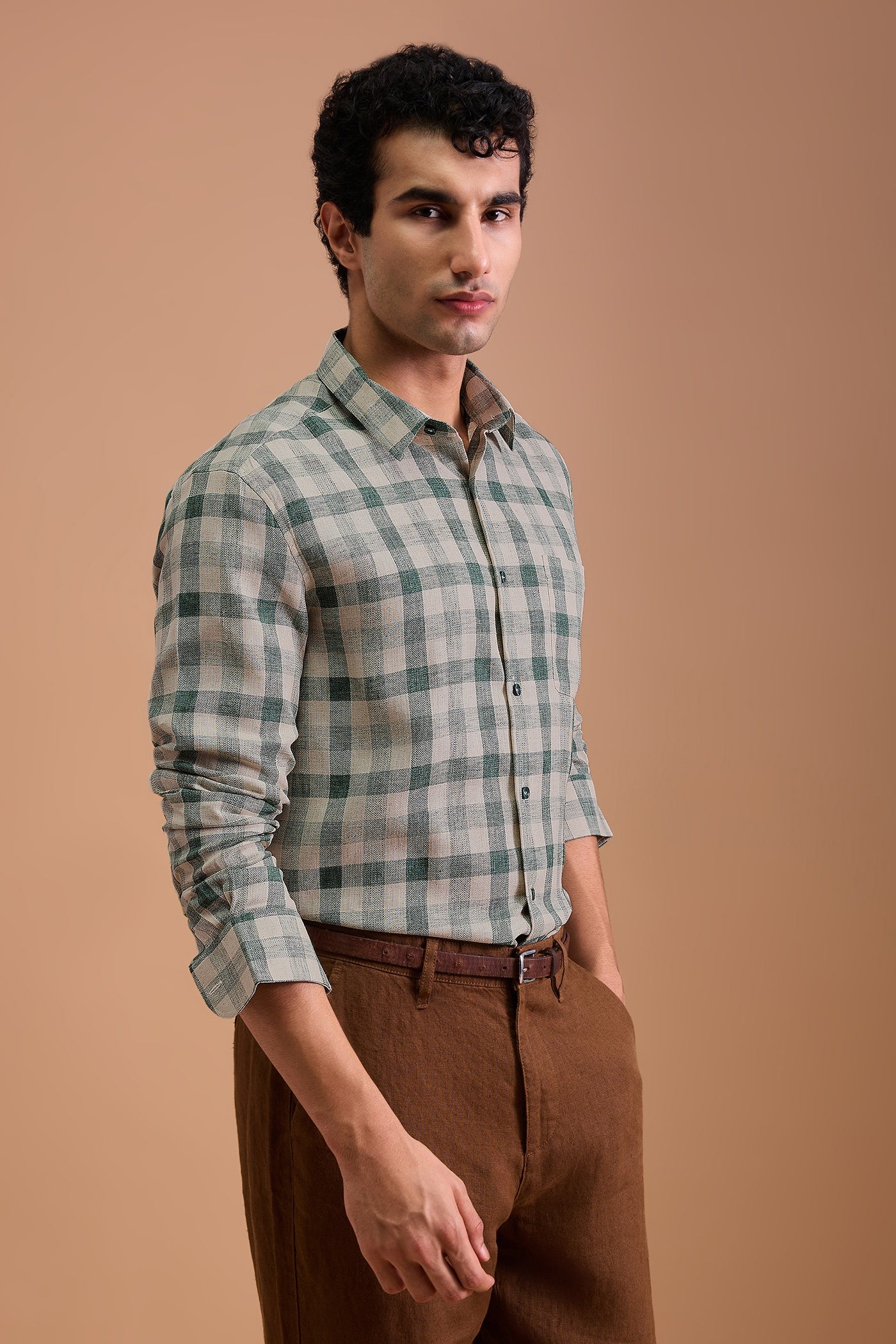 YUKON- MENS PREMIUM COTTON BLEND GREEN CHEVRON DOBBY CHECKED REGULAR FIT SHIRT
