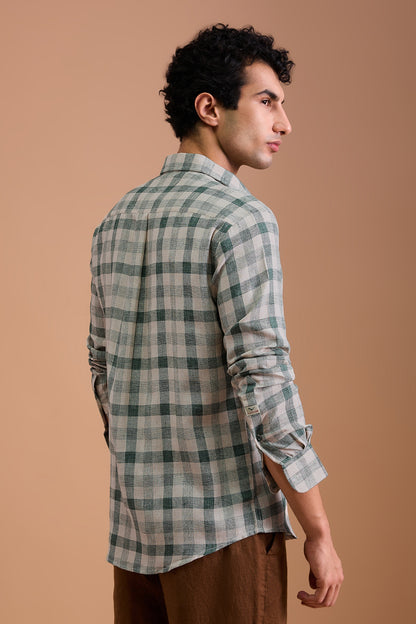 YUKON- MENS PREMIUM COTTON BLEND GREEN CHEVRON DOBBY CHECKED REGULAR FIT SHIRT