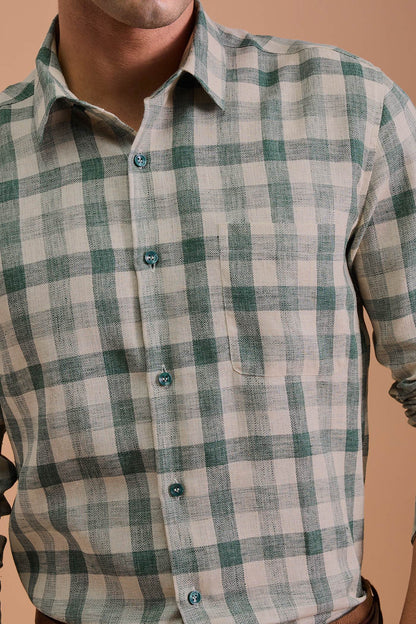 YUKON- MENS PREMIUM COTTON BLEND GREEN CHEVRON DOBBY CHECKED REGULAR FIT SHIRT
