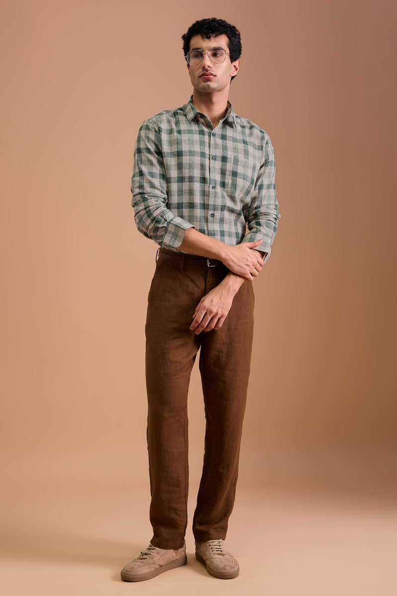 YUKON- MENS PREMIUM COTTON BLEND GREEN CHEVRON DOBBY CHECKED REGULAR FIT SHIRT