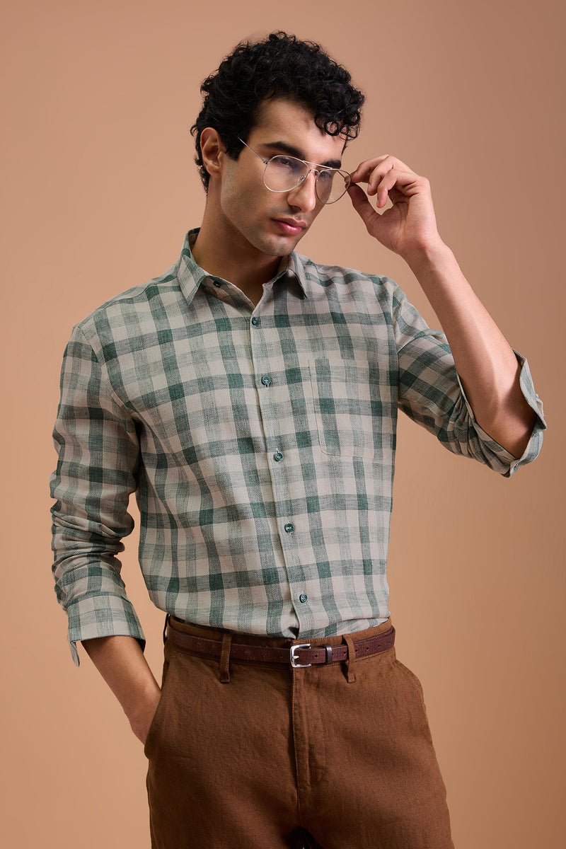 YUKON- MENS PREMIUM COTTON BLEND GREEN CHEVRON DOBBY CHECKED REGULAR FIT SHIRT