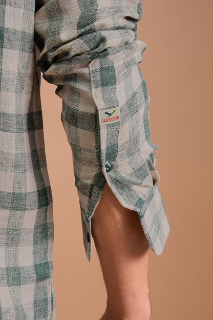 YUKON- MENS PREMIUM COTTON BLEND GREEN CHEVRON DOBBY CHECKED REGULAR FIT SHIRT