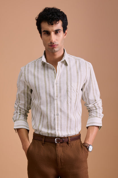 ALBAIRE- MENS PREMIUM COTTON LINEN BLEND BEIGE STRIPED REGULAR FIT SHIRT
