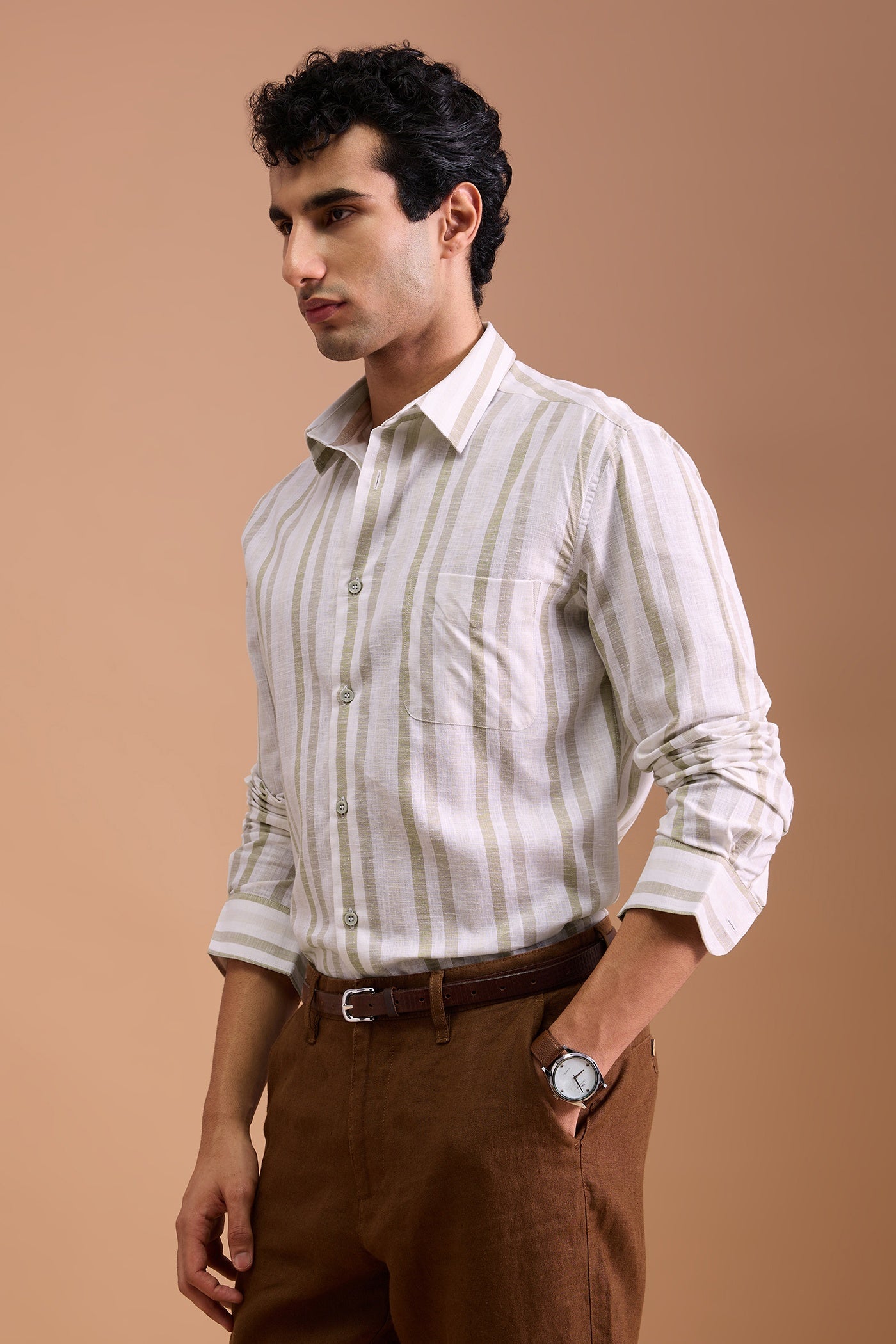 ALBAIRE- MENS PREMIUM COTTON LINEN BLEND BEIGE STRIPED REGULAR FIT SHIRT