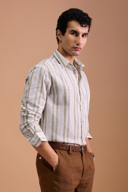 ALBAIRE- MENS PREMIUM COTTON LINEN BLEND BEIGE STRIPED REGULAR FIT SHIRT