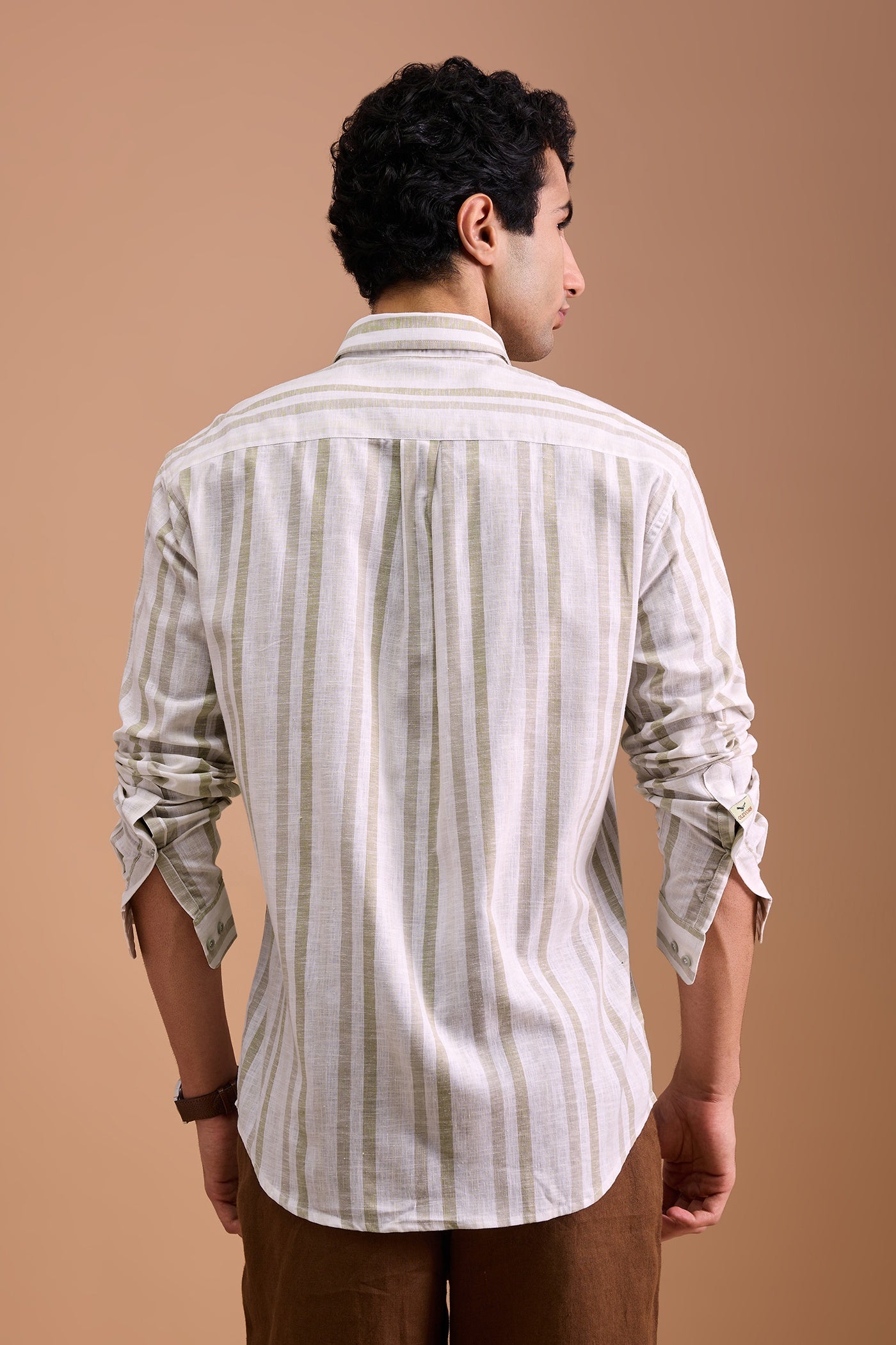 ALBAIRE- MENS PREMIUM COTTON LINEN BLEND BEIGE STRIPED REGULAR FIT SHIRT