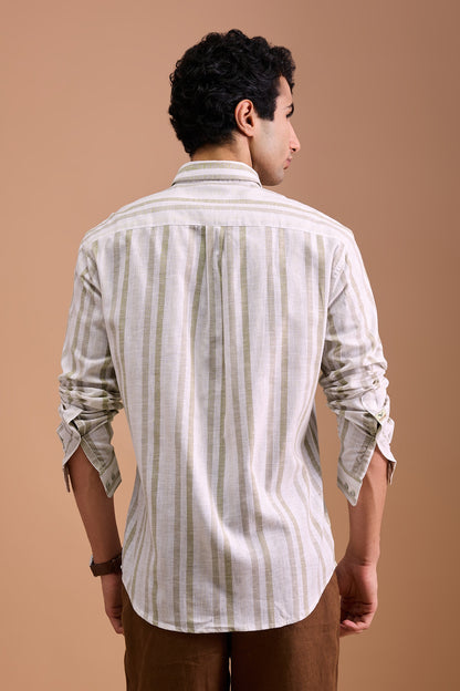ALBAIRE- MENS PREMIUM COTTON LINEN BLEND BEIGE STRIPED REGULAR FIT SHIRT