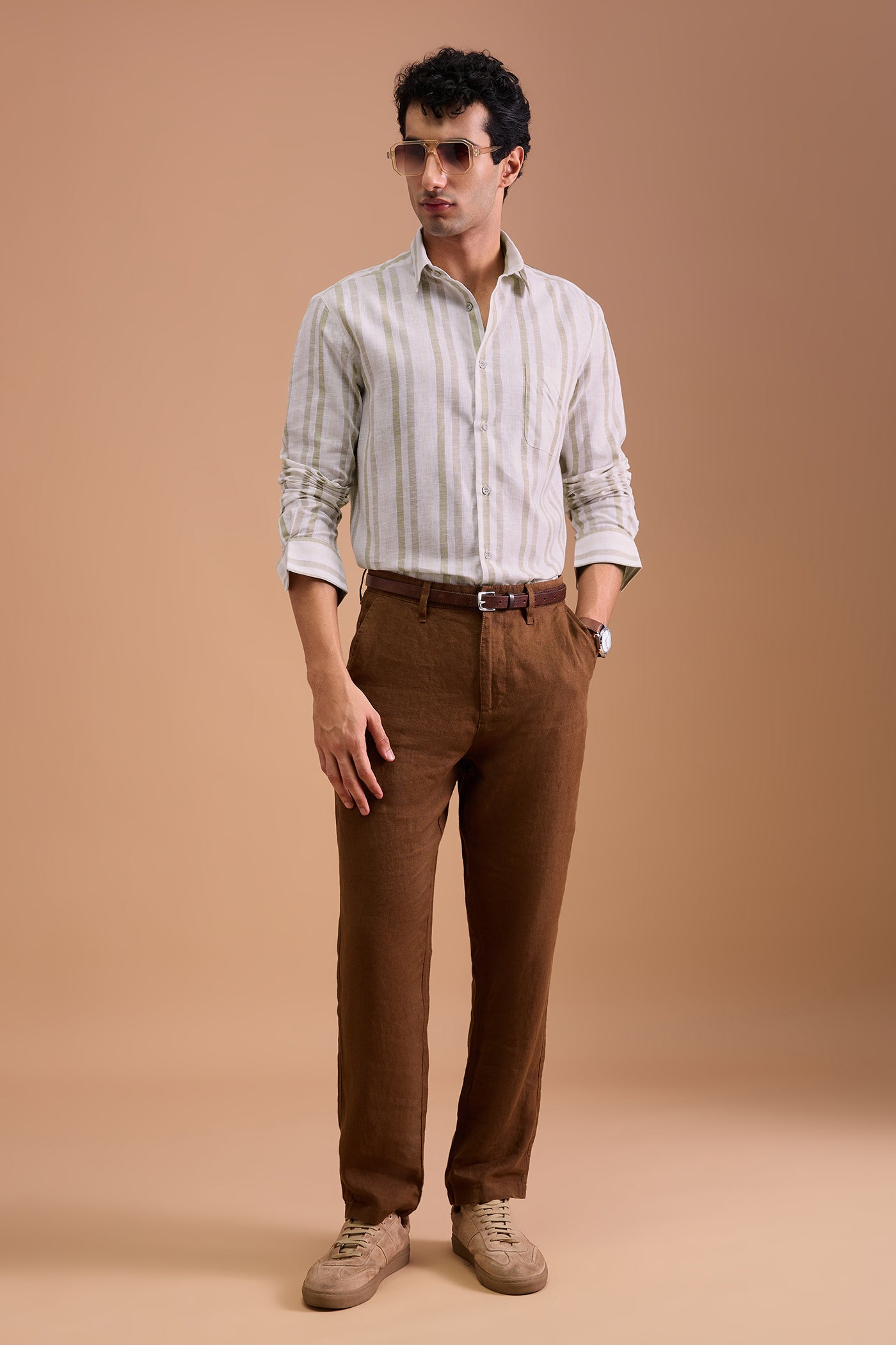 ALBAIRE- MENS PREMIUM COTTON LINEN BLEND BEIGE STRIPED REGULAR FIT SHIRT