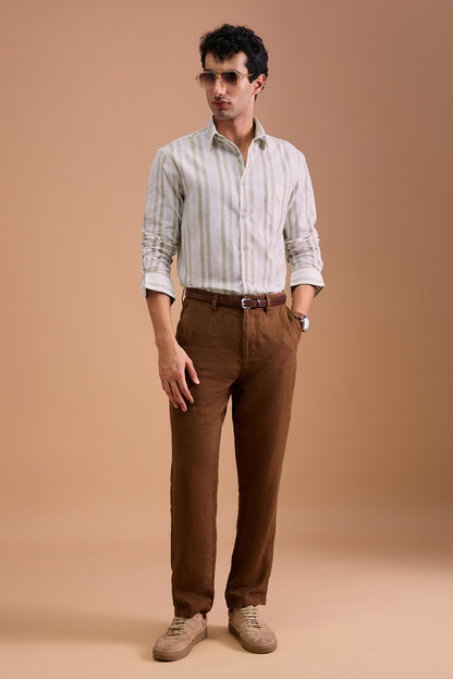 ALBAIRE- MENS PREMIUM COTTON LINEN BLEND BEIGE STRIPED REGULAR FIT SHIRT