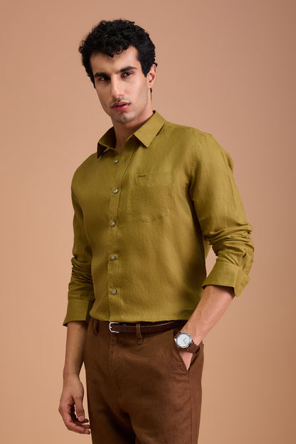VRAIE- MENS PEMIUM LINEN GOLDEN YELLOW SOLID REGULAR FIT SHIRT