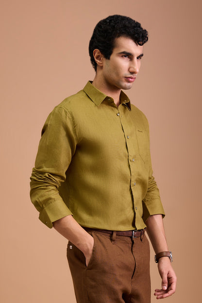 VRAIE- MENS PEMIUM LINEN GOLDEN YELLOW SOLID REGULAR FIT SHIRT