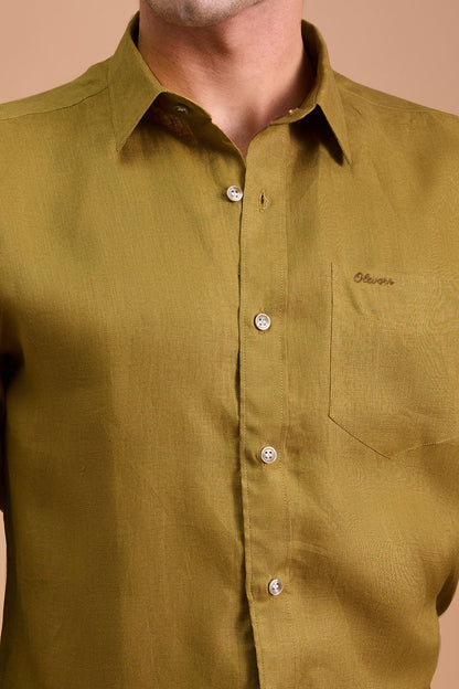 VRAIE- MENS PEMIUM LINEN GOLDEN YELLOW SOLID REGULAR FIT SHIRT
