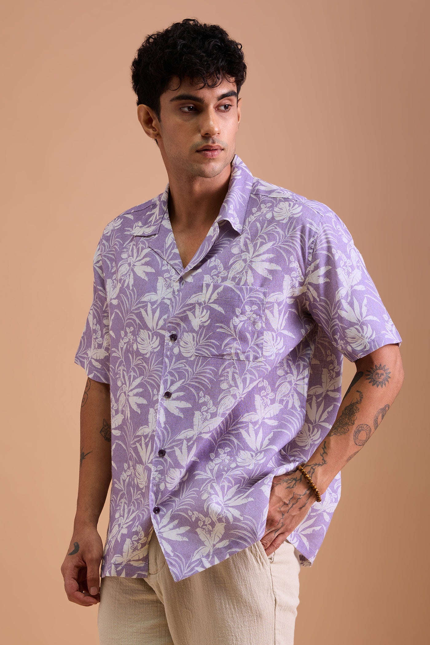 LEROS- MENS LEROS PREMIUM LINEN BLEND PURPLE BOTANICAL PRINT RELAXED FIT CUBAN SHIRT