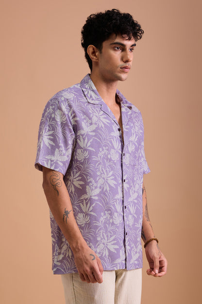 LEROS- MENS LEROS PREMIUM LINEN BLEND PURPLE BOTANICAL PRINT RELAXED FIT CUBAN SHIRT