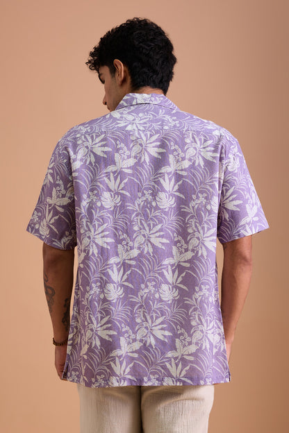 LEROS- MENS LEROS PREMIUM LINEN BLEND PURPLE BOTANICAL PRINT RELAXED FIT CUBAN SHIRT