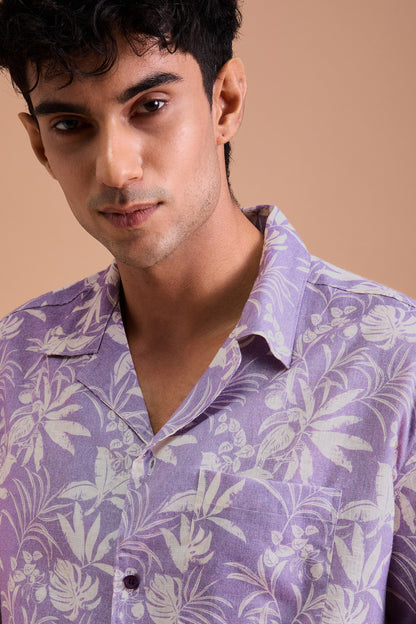 LEROS- MENS LEROS PREMIUM LINEN BLEND PURPLE BOTANICAL PRINT RELAXED FIT CUBAN SHIRT