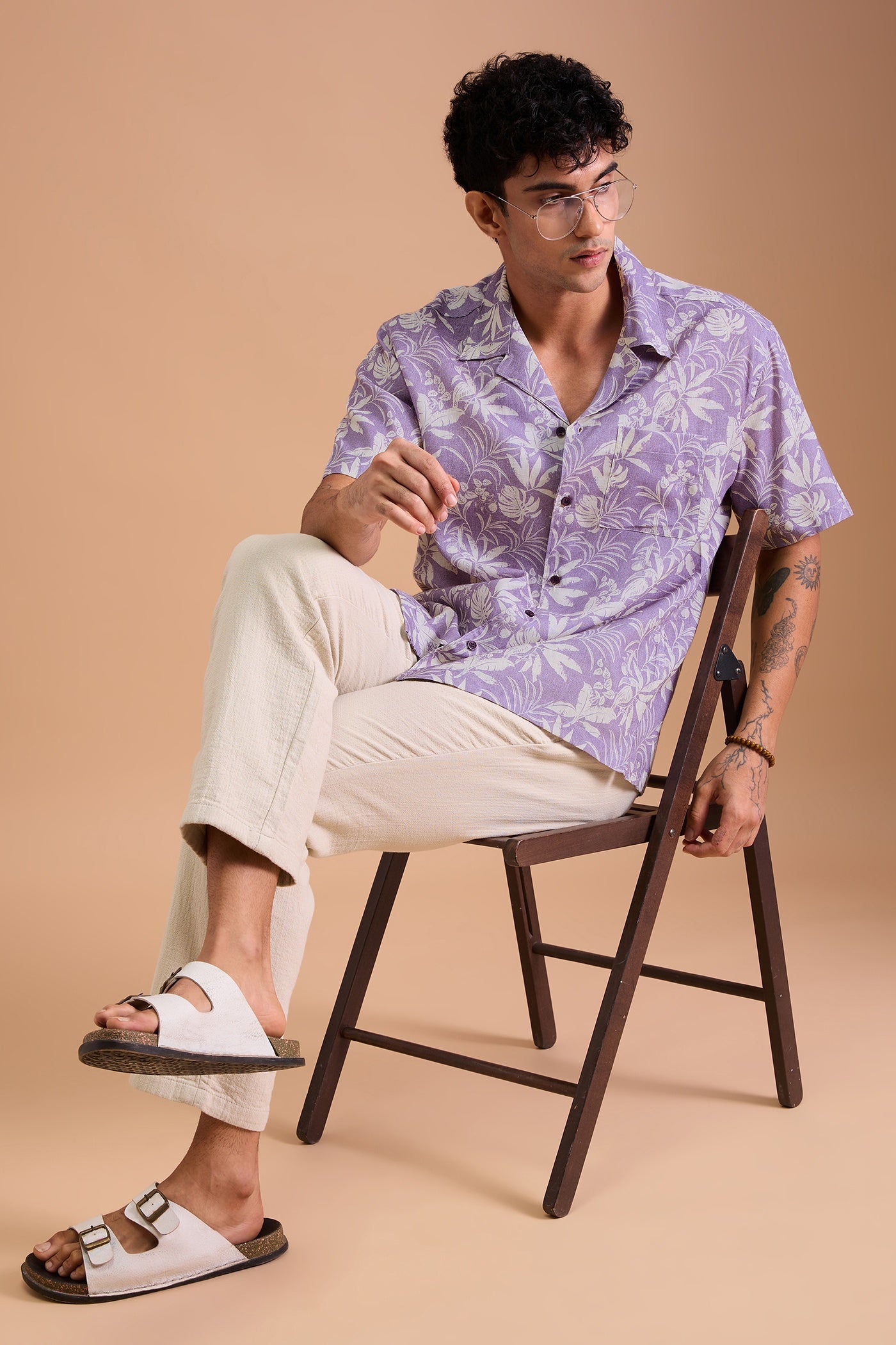 LEROS- MENS LEROS PREMIUM LINEN BLEND PURPLE BOTANICAL PRINT RELAXED FIT CUBAN SHIRT