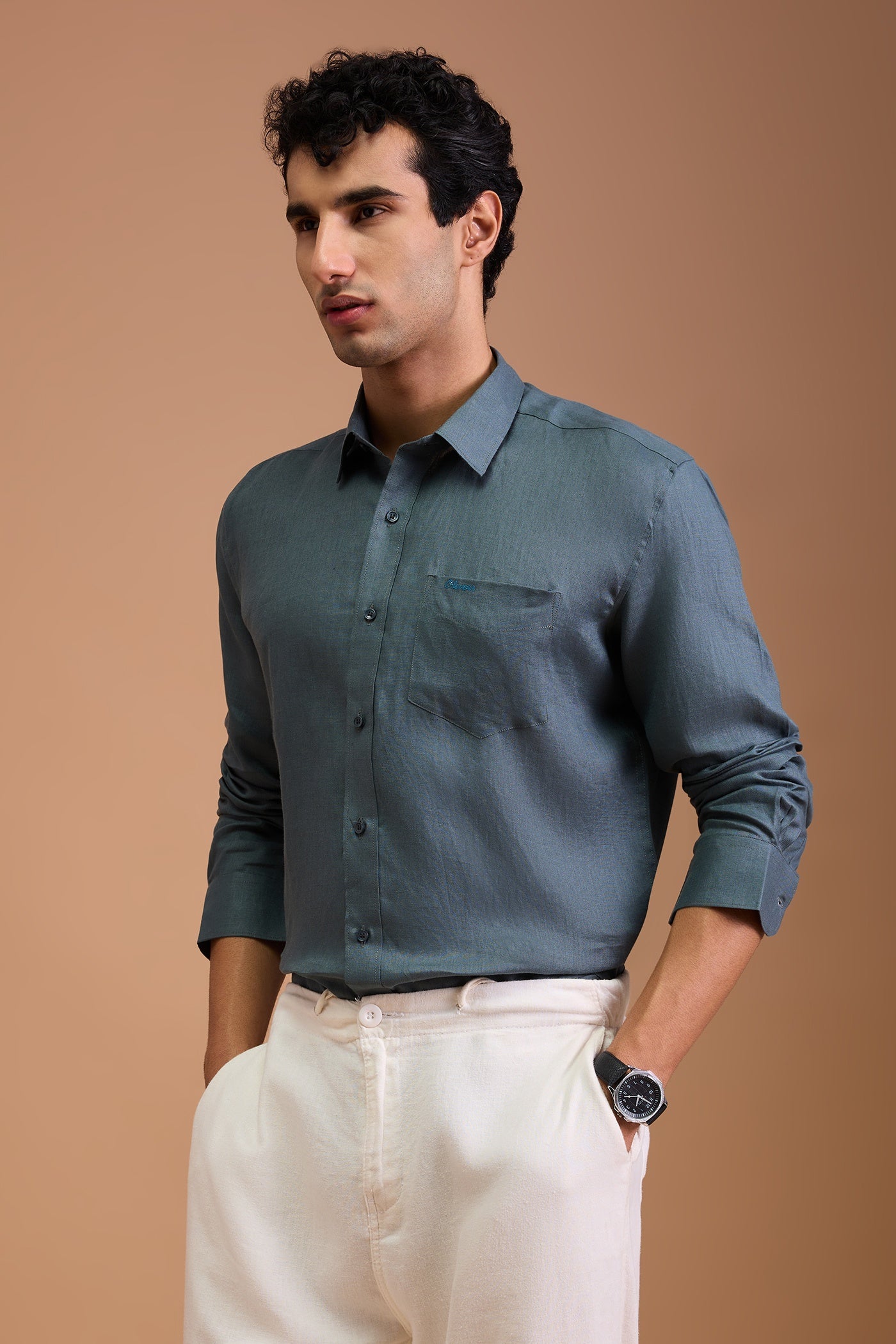 KOHL- MENS PREMIUM 100% LINEN SLATE GREEN SOLID REGULAR FIT SHIRT