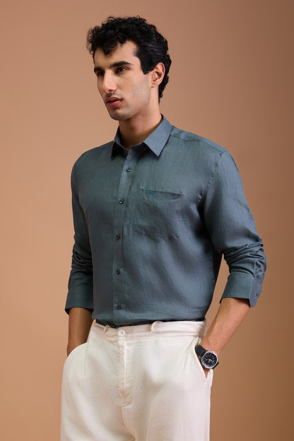 KOHL- MENS PREMIUM 100% LINEN SLATE GREEN SOLID REGULAR FIT SHIRT