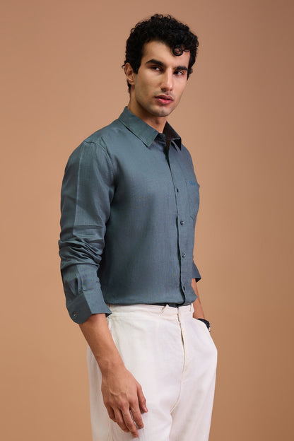 KOHL- MENS PREMIUM 100% LINEN SLATE GREEN SOLID REGULAR FIT SHIRT