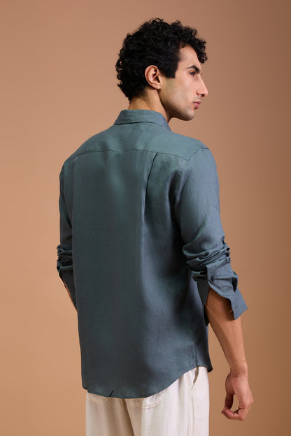 KOHL- MENS PREMIUM 100% LINEN SLATE GREEN SOLID REGULAR FIT SHIRT