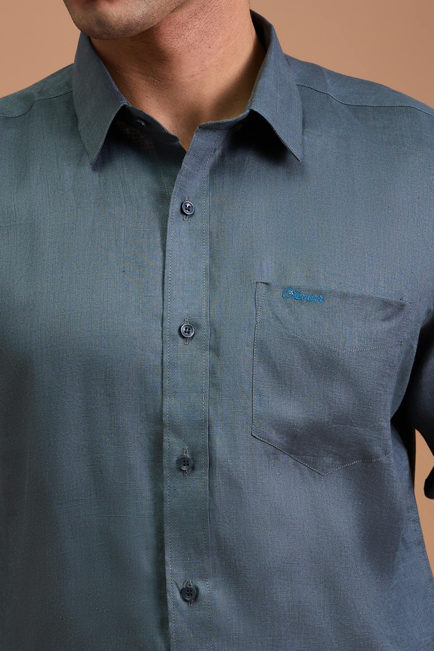 KOHL- MENS PREMIUM 100% LINEN SLATE GREEN SOLID REGULAR FIT SHIRT