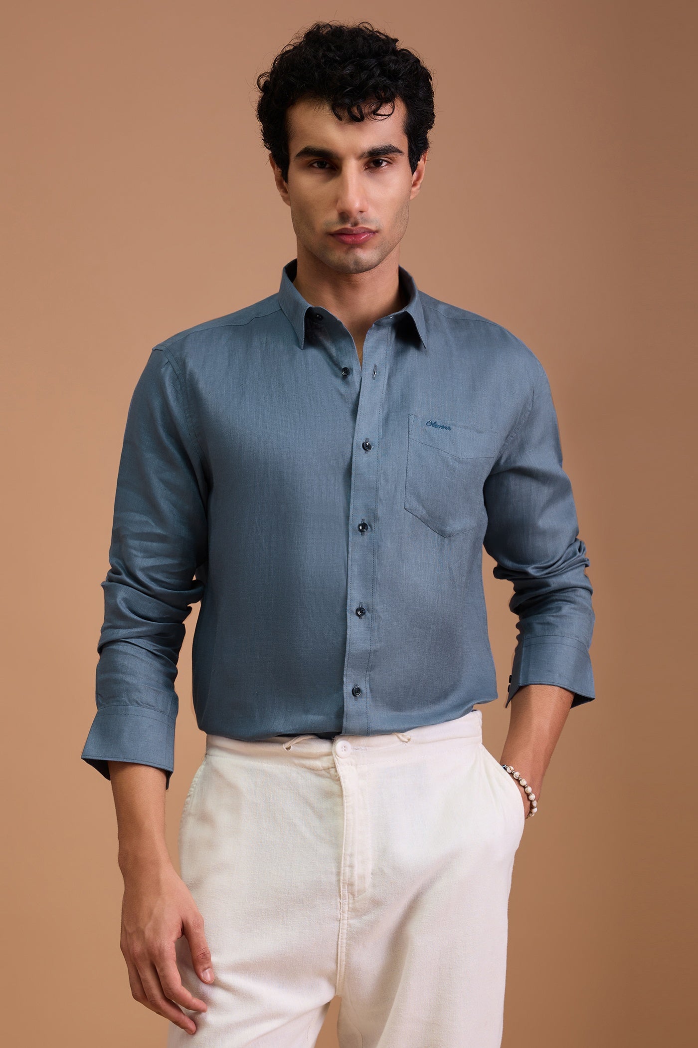 MAUI- MENS PREMIUM 100% LINEN DUSTY BLUE SOLID REGULAR FIT SHIRT