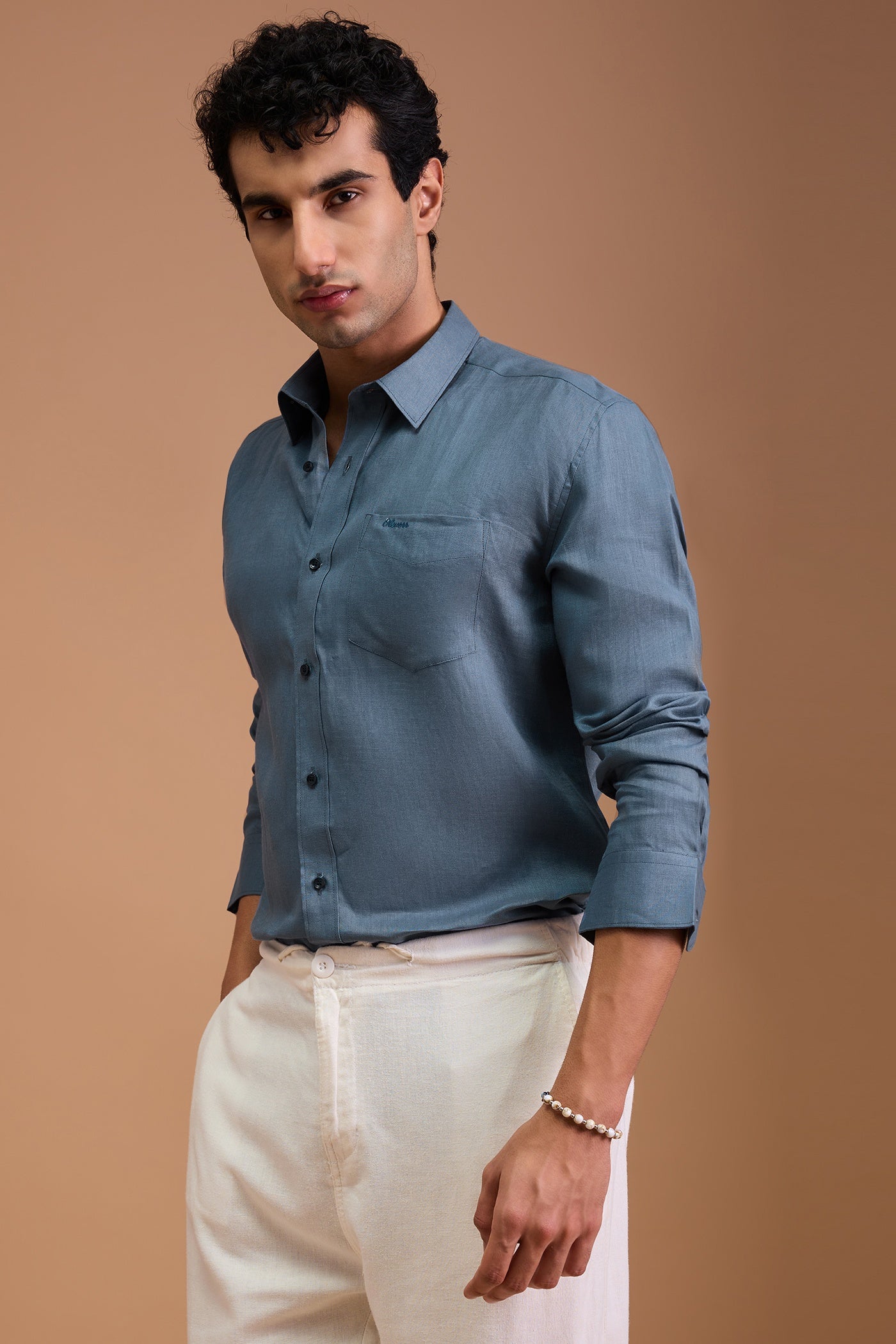 MAUI- MENS PREMIUM 100% LINEN DUSTY BLUE SOLID REGULAR FIT SHIRT