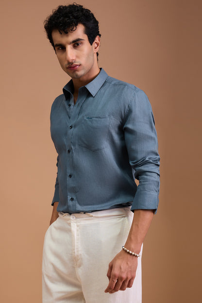 MAUI- MENS PREMIUM 100% LINEN DUSTY BLUE SOLID REGULAR FIT SHIRT