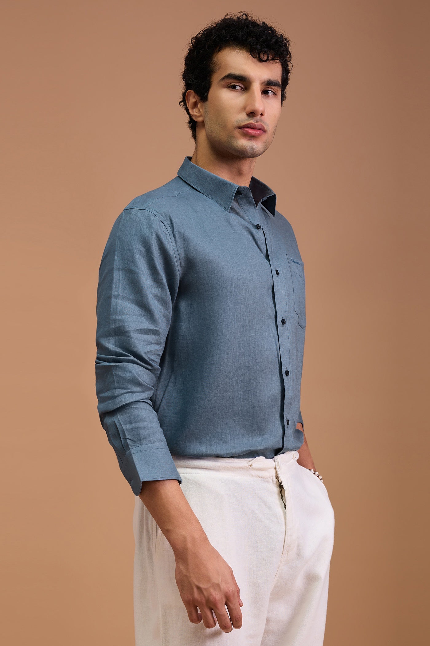 MAUI- MENS PREMIUM 100% LINEN DUSTY BLUE SOLID REGULAR FIT SHIRT