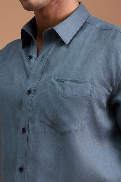 MAUI- MENS PREMIUM 100% LINEN DUSTY BLUE SOLID REGULAR FIT SHIRT