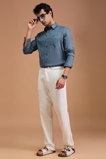 MAUI- MENS PREMIUM 100% LINEN DUSTY BLUE SOLID REGULAR FIT SHIRT