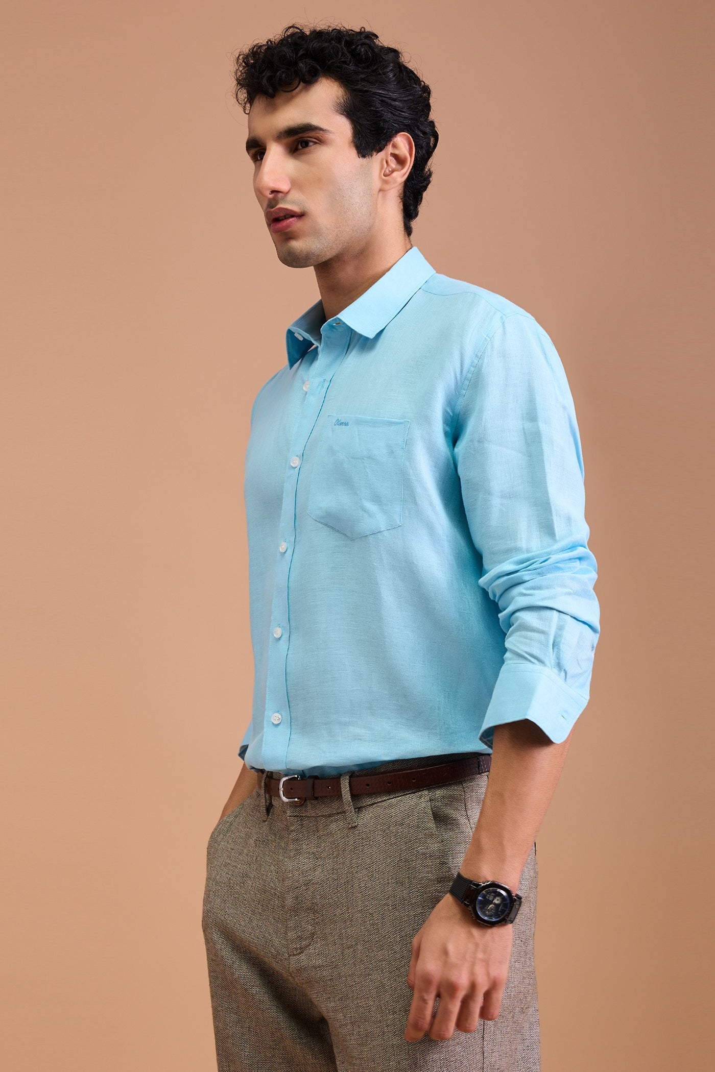 ARLO- MENS PREMIUM 100% LINEN LIGHT BLUE SOLID REGULAR FIT SHIRT