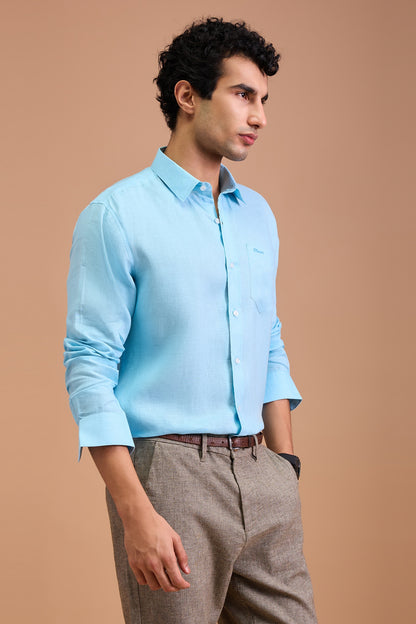 ARLO- MENS PREMIUM 100% LINEN LIGHT BLUE SOLID REGULAR FIT SHIRT