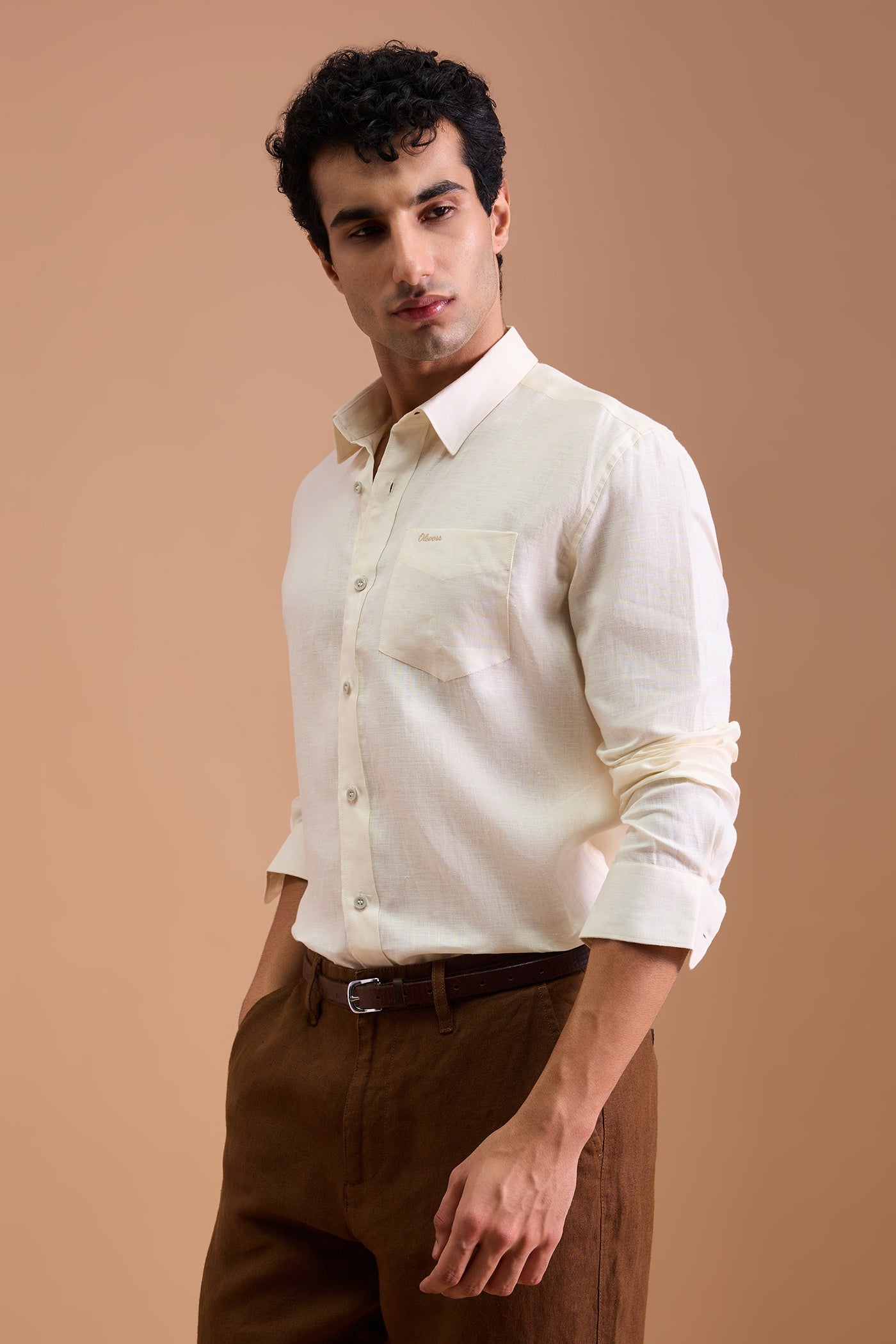 PALOMA- MENS PREMIUM LINEN IVORY SOLID REGULAR FIT SHIRT