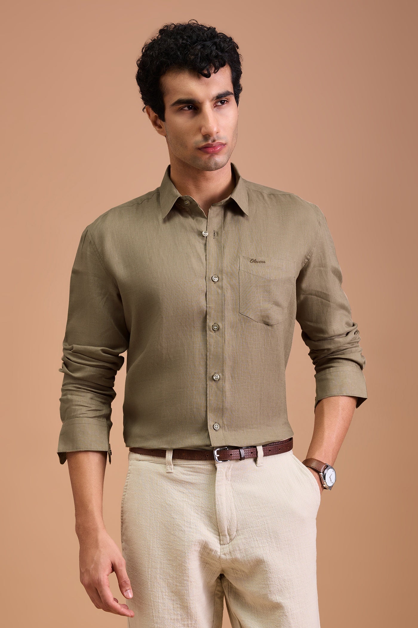 RIVA- MENS PREMIUM LINEN BROWN SOLID REGULAR FIT SHIRT