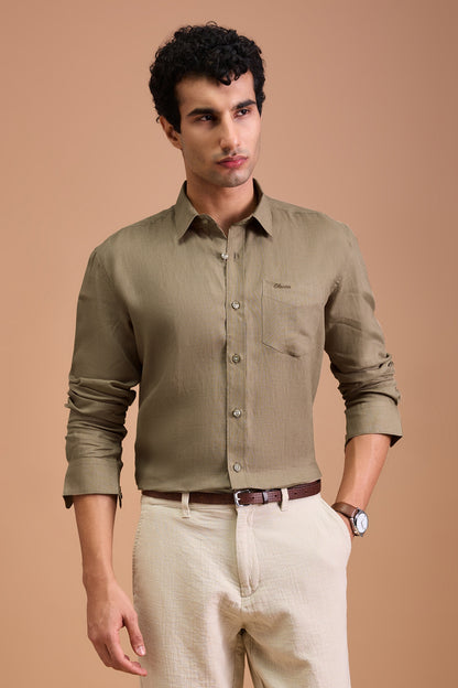 RIVA- MENS PREMIUM LINEN BROWN SOLID REGULAR FIT SHIRT
