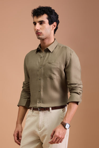 RIVA- MENS PREMIUM LINEN BROWN SOLID REGULAR FIT SHIRT