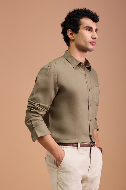 RIVA- MENS PREMIUM LINEN BROWN SOLID REGULAR FIT SHIRT