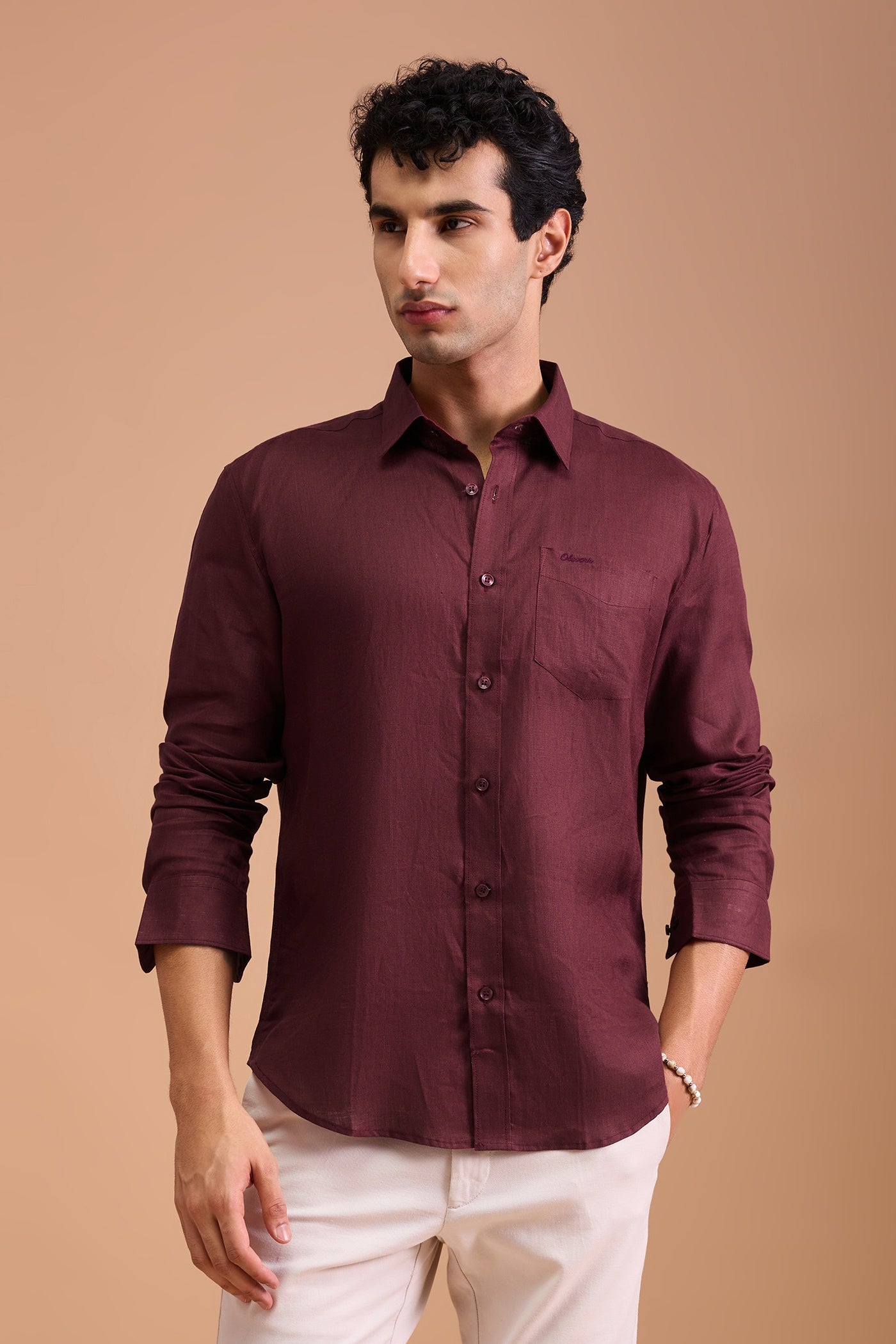 ROUX- MENS PREMIUM LINEN MAROON SOLID REGULAR FIT SHIRT