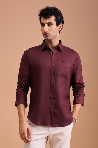 ROUX- MENS PREMIUM LINEN MAROON SOLID REGULAR FIT SHIRT