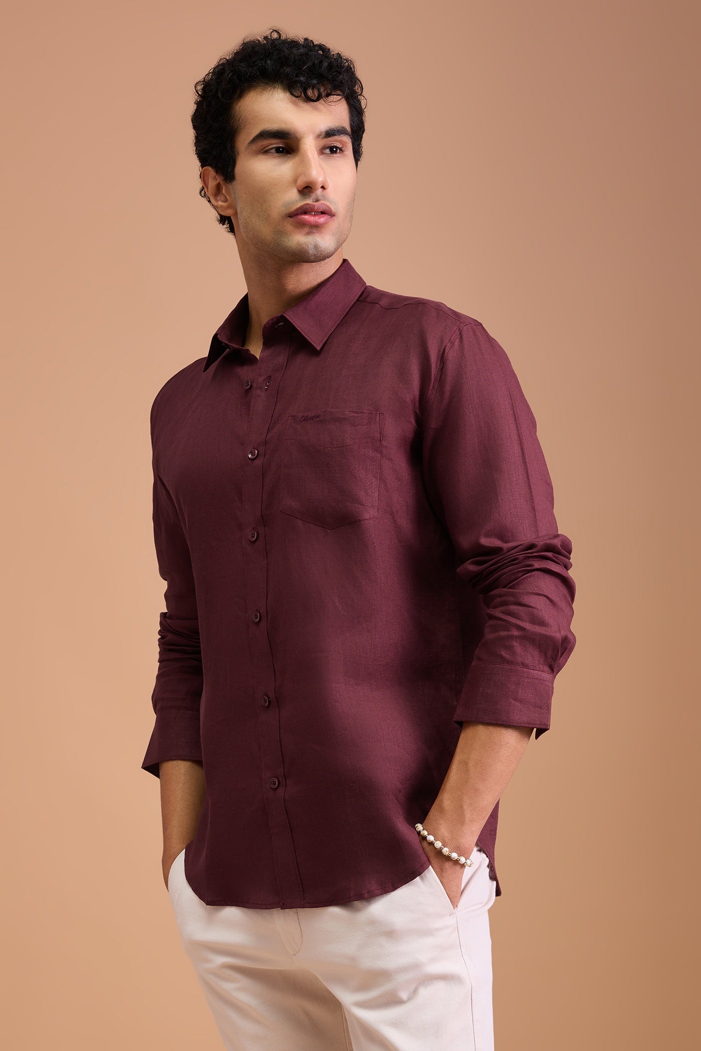 ROUX- MENS PREMIUM LINEN MAROON SOLID REGULAR FIT SHIRT