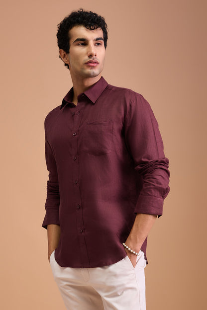 ROUX- MENS PREMIUM LINEN MAROON SOLID REGULAR FIT SHIRT