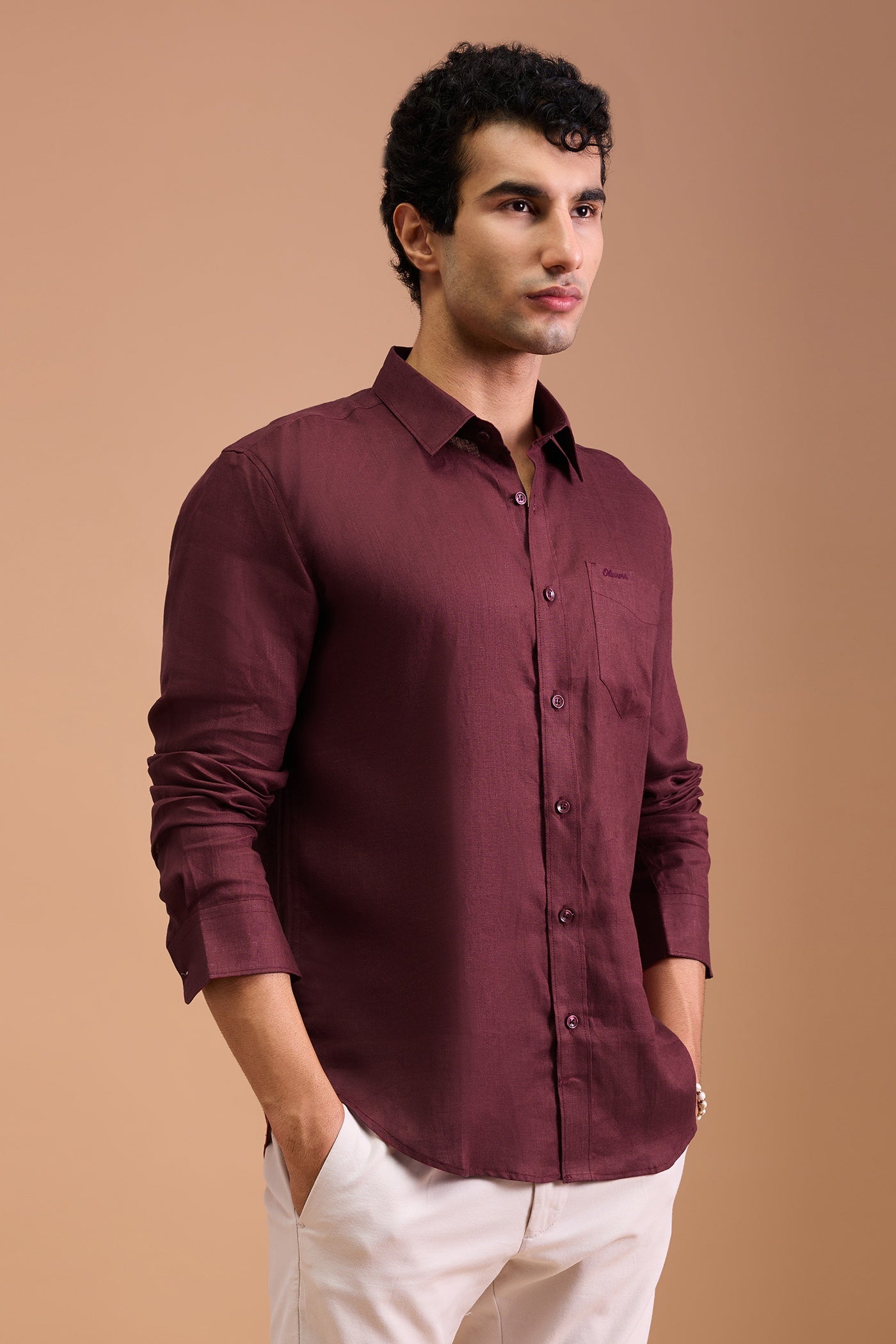 ROUX- MENS PREMIUM LINEN MAROON SOLID REGULAR FIT SHIRT
